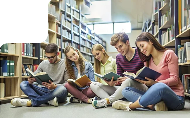 Authors reading books in a library